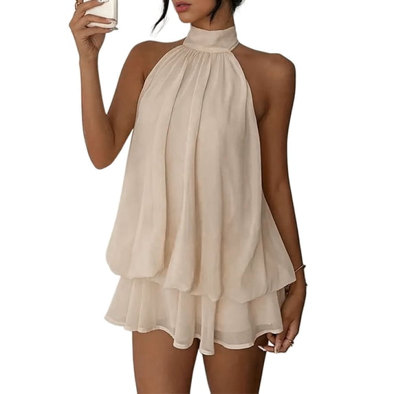 Quixlent Women's Halter Neck Chiffon Mini Dress Summer Sleeveless Cocktail Party Dress Ruffle Wedding Guest Dress