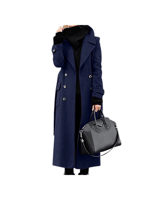 Women Overcoat Double-breasted Turn-down Collar Cardigan Mid-calf Length Long Sleeves Jacket with Pockets Slim Fit OL Commuting Formal Coat