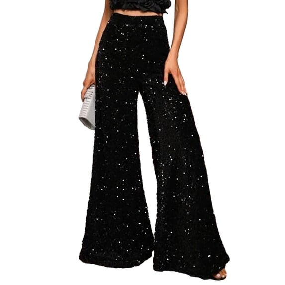 Quixlent Women Pants Elastic High Waisted Wide Leg Trousers Sparkling Design Sequin Casual Pants Parties Vacation Streetwear