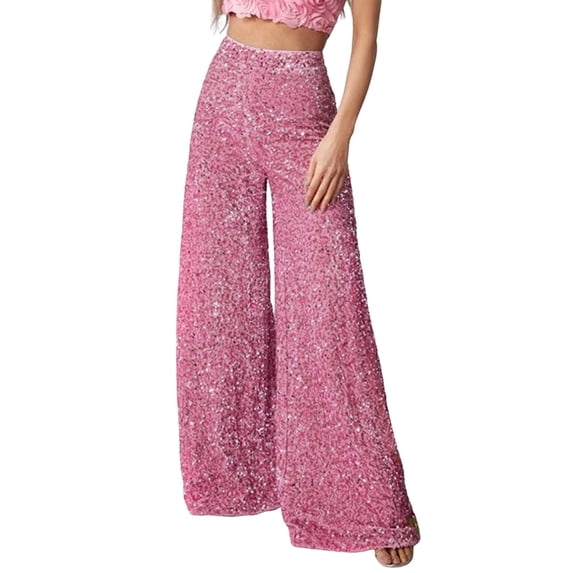 Quixlent Women Pants Elastic High Waisted Wide Leg Trousers Sparkling Design Sequin Casual Pants Parties Vacation Streetwear