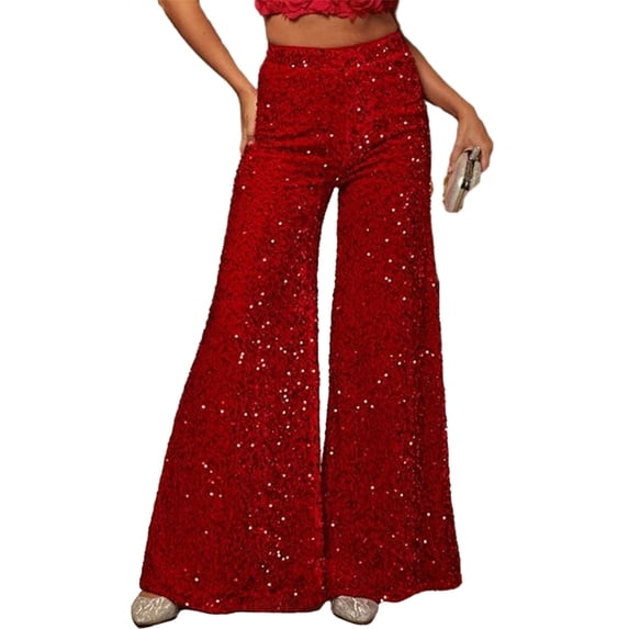 Quixlent Women Pants Elastic High Waisted Wide Leg Trousers Sparkling Design Sequin Casual Pants Parties Vacation Streetwear