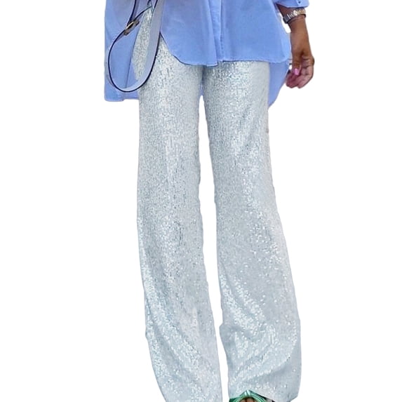 Quixlent Women Pants Mid-rise Solid Color Sparkling Sequins Casual Trousers Wide Leg Stage Dance Pants Night Club Party Wear