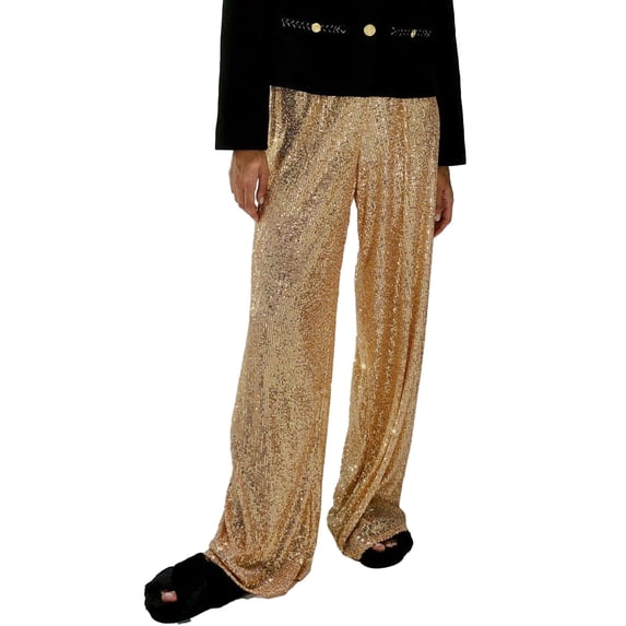 Quixlent Women Pants Mid-rise Solid Color Sparkling Sequins Casual Trousers Wide Leg Stage Dance Pants Night Club Party Wear