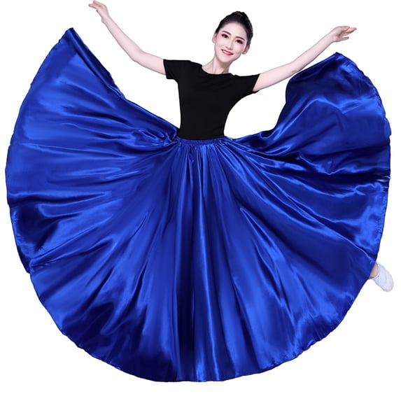 Quixlent Women Performance Skirt High Elastic Waist Solid Color Pleated Super Big Hem Satin Long Spanish Skirt Swing Dancing Skirt Belly Dance Skirt