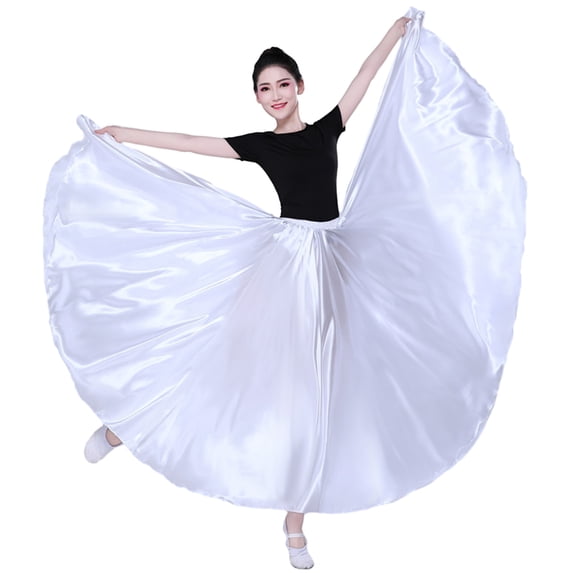 Quixlent Women Performance Skirt High Elastic Waist Solid Color Pleated Super Big Hem Satin Long Spanish Skirt Swing Dancing Skirt Belly Dance Skirt