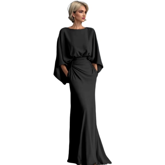 Quixlent Women Ruched Boat Neck Wedding Guest Dress, Backless Batwing 3/4 Sleeve Bodycon Long Dress, Formal Party Cocktail Prom Gown