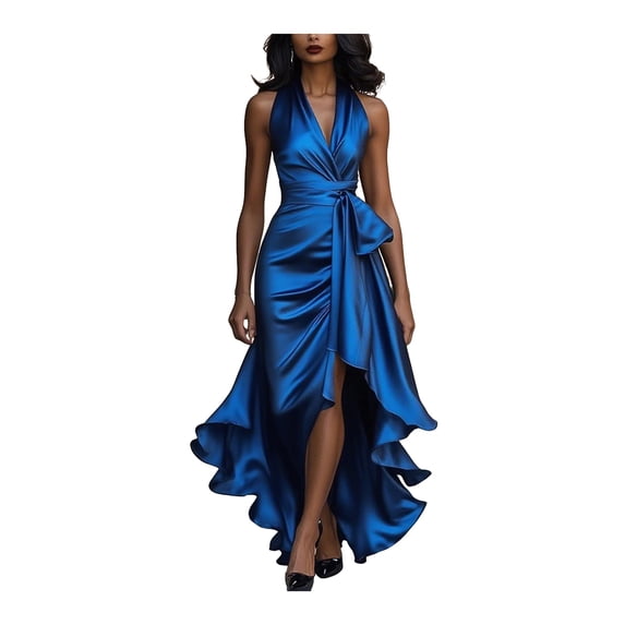 Quixlent Women Ruffle Satin High Low Prom Dress Sleeveless V Neck Halter Tie Waist Midi Dress Wedding Guest Party Cocktail Dress