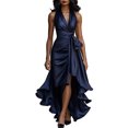 thumbnail image 1 of Quixlent Women Ruffle Satin High Low Prom Dress Sleeveless V Neck Halter Tie Waist Midi Dress Wedding Guest Party Cocktail Dress, 1 of 8