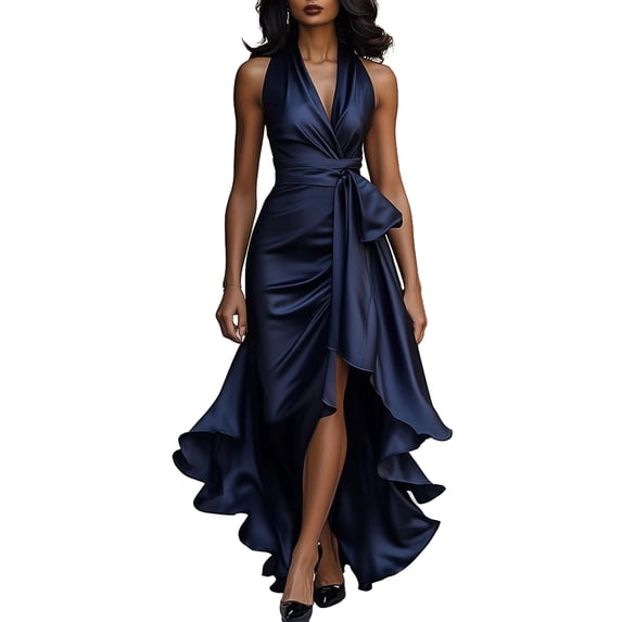 Quixlent Women Ruffle Satin High Low Prom Dress Sleeveless V Neck Halter Tie Waist Midi Dress Wedding Guest Party Cocktail Dress