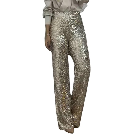 Quixlent Women Sequins Long Pants High Waist Slim Fit Shining Trousers Solid Color Elastic Flared Pants Streetwear