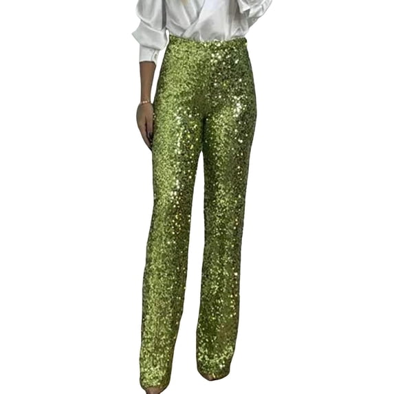 Quixlent Women Sequins Long Pants High Waist Slim Fit Shining Trousers Solid Color Elastic Flared Pants Streetwear