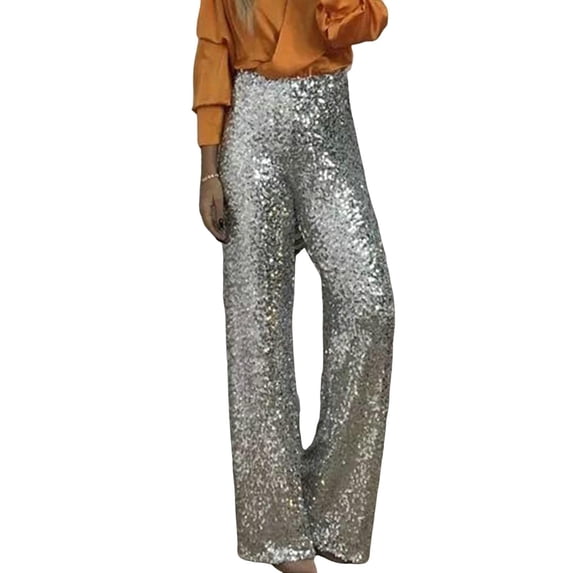 Quixlent Women Sequins Long Pants High Waist Slim Fit Shining Trousers Solid Color Elastic Flared Pants Streetwear