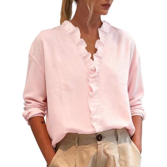Quixlent Women Shirt V-Neck Ruffle Trim Long Sleeve Pullover Tops Regular Fit Basic Collar Solid Color Casual Tops Daily Wear