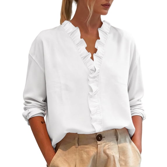 Quixlent Women Shirt V-Neck Ruffle Trim Long Sleeve Pullover Tops Regular Fit Basic Collar Solid Color Casual Tops Daily Wear