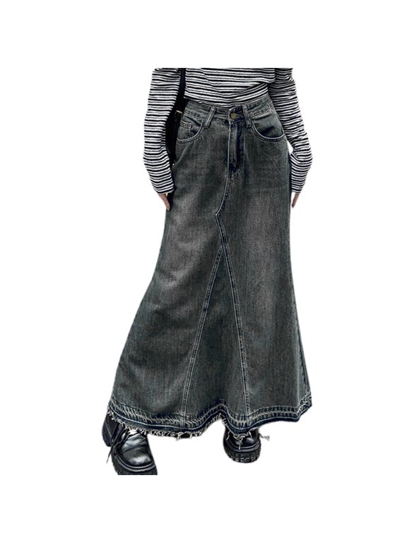 Women Skirt A-line Big Swing Denim Retro Pockets Patchwork Solid Color High Waist Button Zipper Closure Ankle Length Ripped Edge Lady Maxi Skirt