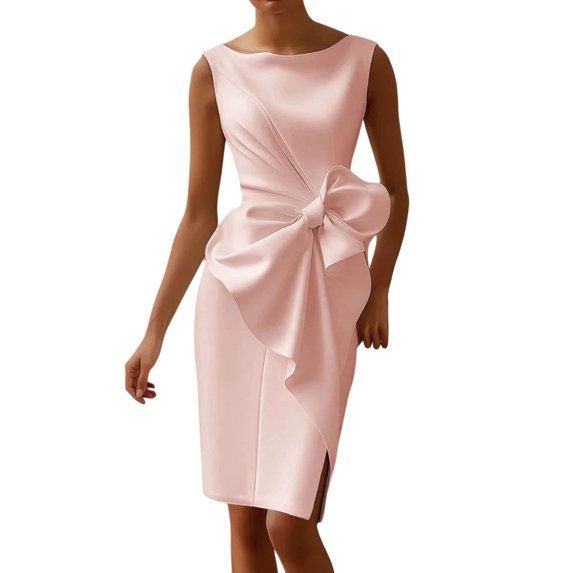 Quixlent Women Sleeveless Bodycon Dress Ruched Bow Tie Side Slit Midi Dress Lady Formal Cocktail Party Work Dress