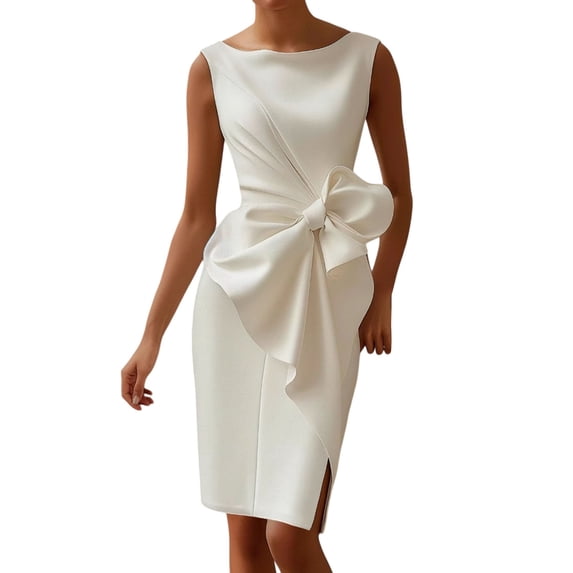 Quixlent Women Sleeveless Bodycon Dress Ruched Bow Tie Side Slit Midi Dress Lady Formal Cocktail Party Work Dress