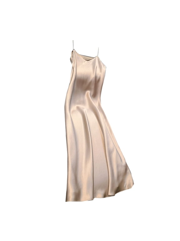 Women Slip Dress Silky Satin V Neck Spaghetti Strap Solid Color Plus Size A-line Loose Hem Backless Sleeveless Strappy Dress Prom Party Midi Dress