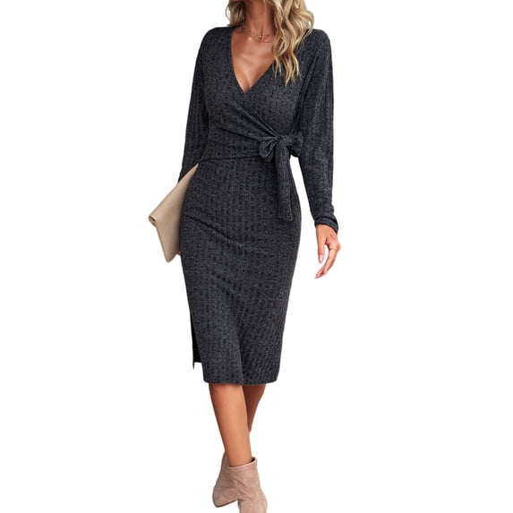 Quixlent Women Spring Fall Dress Cross V Neck Lace-up Slim Fit Sheath Long Sleeves Knee Length Knitted Slim Fit Elastic Midi Dress Shopping Dating Dress