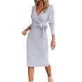 thumbnail image 1 of Quixlent Women Spring Fall Dress Cross V Neck Lace-up Slim Fit Sheath Long Sleeves Knee Length Knitted Slim Fit Elastic Midi Dress Shopping Dating Dress, 1 of 7