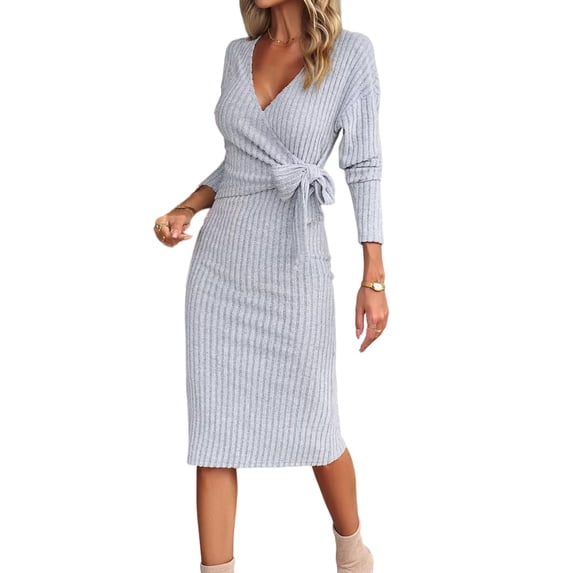 Quixlent Women Spring Fall Dress Cross V Neck Lace-up Slim Fit Sheath Long Sleeves Knee Length Knitted Slim Fit Elastic Midi Dress Shopping Dating Dress