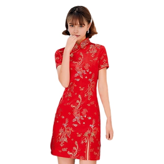 Quixlent Women Summer Cheongsam Stand Collar Dragon Phoenix Print Split Hem Qipao Slim Fit Retro Chinese Style Above Knee Length Wedding Party Cocktail Dress
