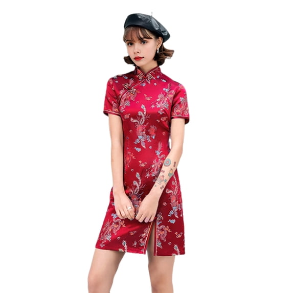 Quixlent Women Summer Cheongsam Stand Collar Dragon Phoenix Print Split Hem Qipao Slim Fit Retro Chinese Style Above Knee Length Wedding Party Cocktail Dress