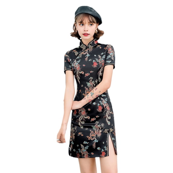 Quixlent Women Summer Cheongsam Stand Collar Dragon Phoenix Print Split Hem Qipao Slim Fit Retro Chinese Style Above Knee Length Wedding Party Cocktail Dress