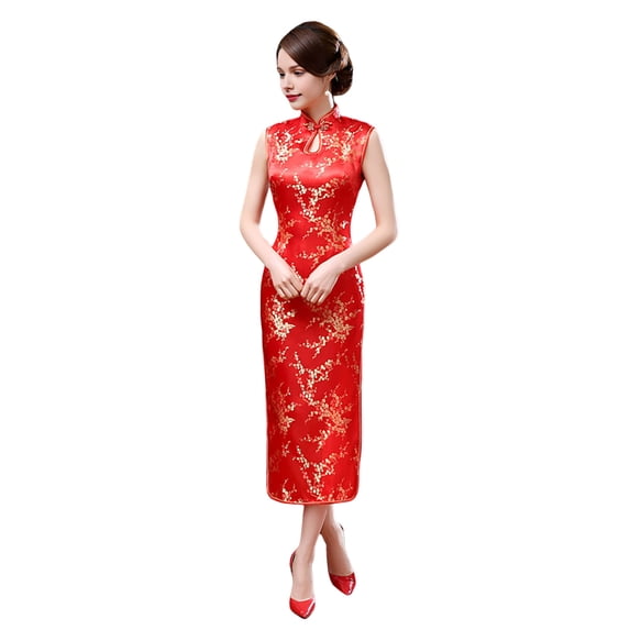 Quixlent Women Summer Cheongsam Stand Collar Floral Print Hollow Out Split Hem Sleeveless Qipao Slim Fit Retro Chinese Style Mid-calf Length Wedding Party Cocktail Dress