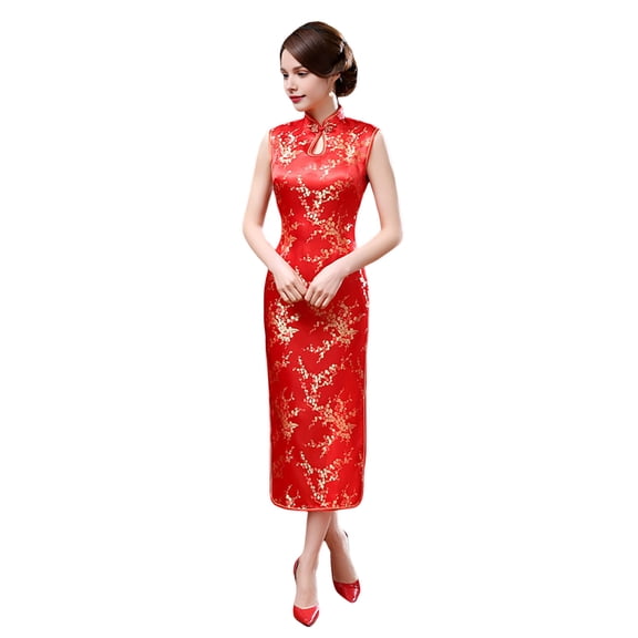 Quixlent Women Summer Cheongsam Stand Collar Floral Print Hollow Out Split Hem Sleeveless Qipao Slim Fit Retro Chinese Style Mid-calf Length Wedding Party Cocktail Dress
