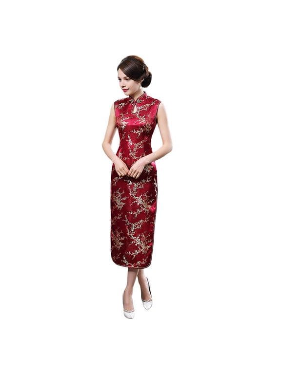Women Summer Cheongsam Stand Collar Floral Print Hollow Out Split Hem Sleeveless Qipao Slim Fit Retro Chinese Style Mid-calf Length Wedding Party Cocktail Dress