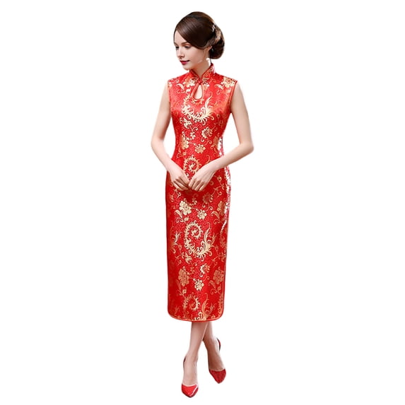 Quixlent Women Summer Cheongsam Stand Collar Floral Print Hollow Out Split Hem Sleeveless Qipao Slim Fit Retro Chinese Style Mid-calf Length Wedding Party Cocktail Dress
