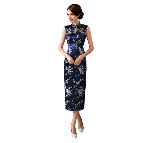 Quixlent Women Summer Cheongsam Stand Collar Floral Print Hollow Out Split Hem Sleeveless Qipao Slim Fit Retro Chinese Style Mid-calf Length Wedding Party Cocktail Dress