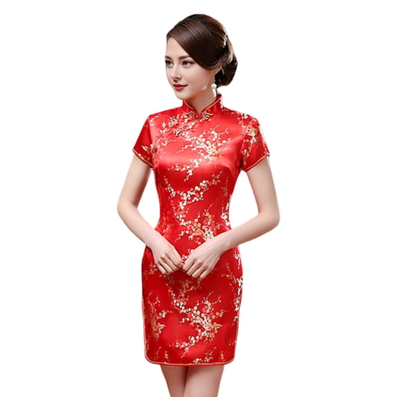 Quixlent Women Summer Cheongsam Stand Collar Plum Blossom Print Short Sleeves Split Hem Qipao Slim Fit Retro Chinese Style Above Knee Length Wedding Party Cocktail Dress