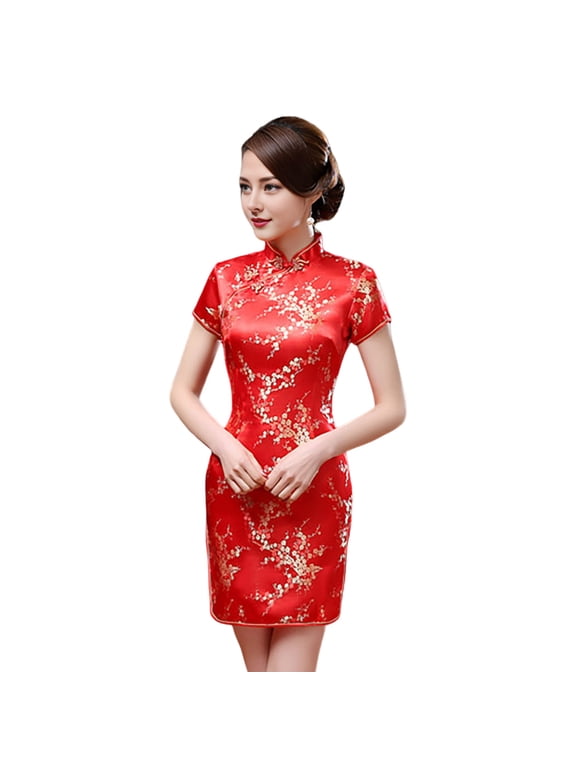 Women Summer Cheongsam Stand Collar Plum Blossom Print Short Sleeves Split Hem Qipao Slim Fit Retro Chinese Style Above Knee Length Wedding Party Cocktail Dress