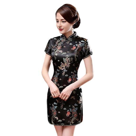 Quixlent Women Summer Cheongsam Stand Collar Plum Blossom Print Short Sleeves Split Hem Qipao Slim Fit Retro Chinese Style Above Knee Length Wedding Party Cocktail Dress