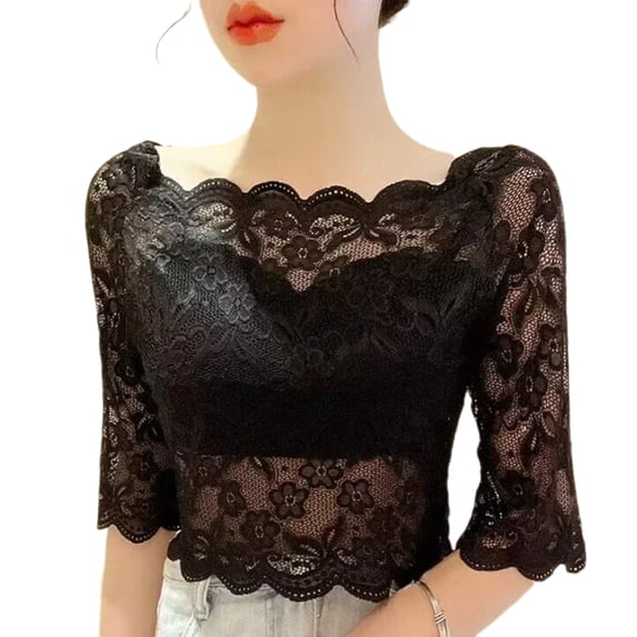 Quixlent Women Summer Cropped Tops One-word Collar Half Sleeve Blouse See-through Embroidery Lace Pullover Tops
