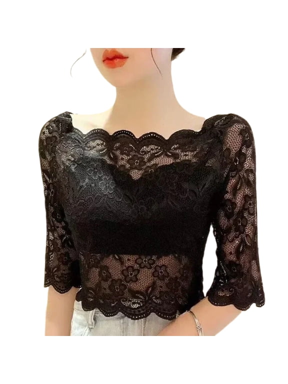 Women Summer Cropped Tops One-word Collar Half Sleeve Blouse See-through Embroidery Lace Pullover Tops