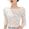 thumbnail image 1 of Quixlent Women Summer Cropped Tops One-word Collar Half Sleeve Blouse See-through Embroidery Lace Pullover Tops, 1 of 8