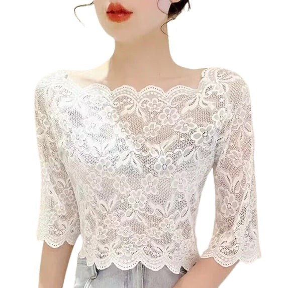 Quixlent Women Summer Cropped Tops One-word Collar Half Sleeve Blouse See-through Embroidery Lace Pullover Tops