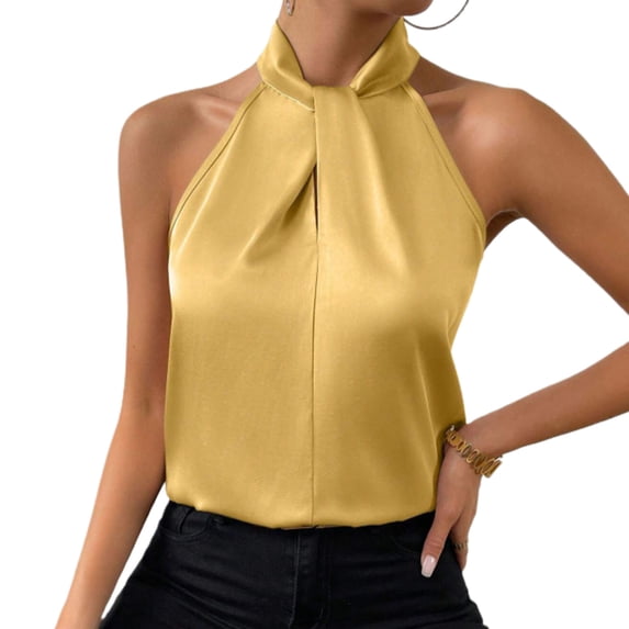 Quixlent Women Summer Tops Halter Sleeveless Loose Fit Blouse Solid Color Smooth Satin Tank Tops Imitation Silk Party Office Vest Workwear
