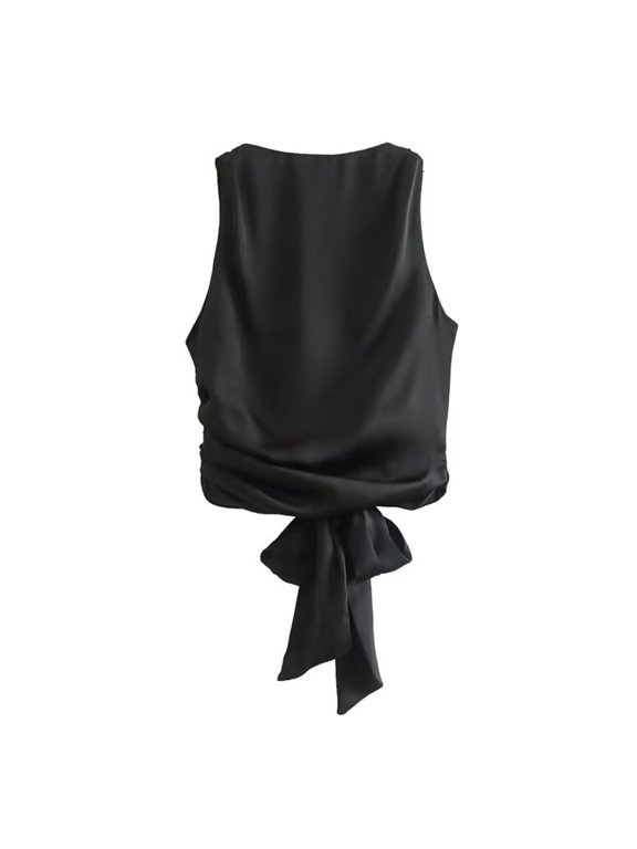 Women Summer Vest Round Neck Sleeveless Backless Smooth Satin Texture Vest Top with Bow Tie Closure Tank Tops