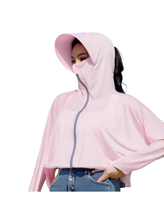 Women Sunscreen Coat Zipper Opening Hooded Face Nack Protection Ice Silk Anti-UV Loose Thin Soft Breathable Long Sleeve Color Matching Cycling Camping Jacket