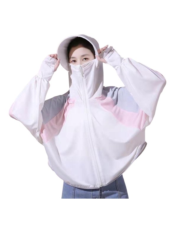 Women Sunscreen Coat Zipper Opening Hooded Face Nack Protection Ice Silk Anti-UV Thin Soft Breathable Long Sleeve Color Matching Cycling Camping Jacket