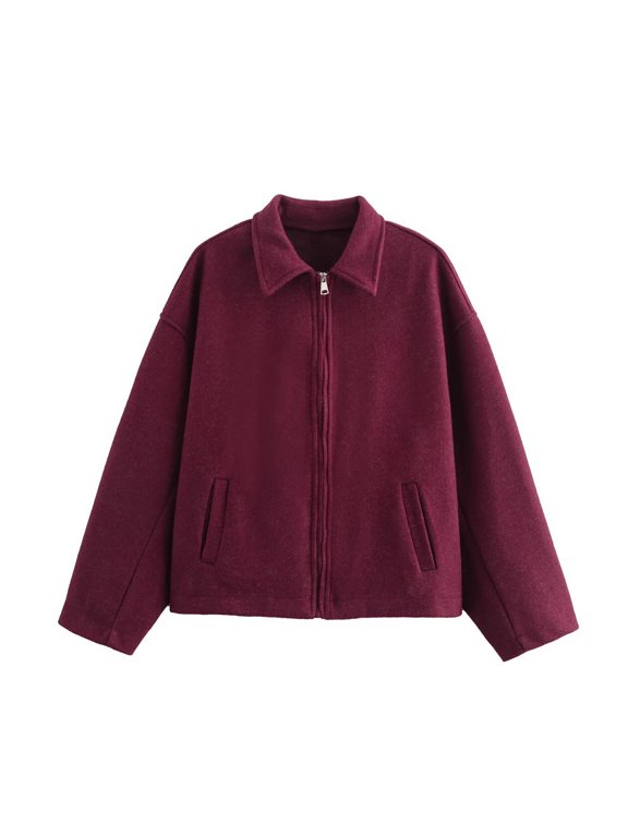 Women's Zip Up Wool Jacket Long Sleeve Lapel Short Pea Coat Casual Fall Spring Outerwear with Pockets