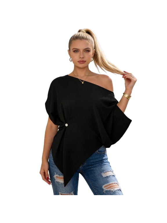Women T-shirt Skew Collar Batwing Short Sleeve Waist Tight Design Tee Shirt Pure Color Loose Fit Soft Stretchy Tee