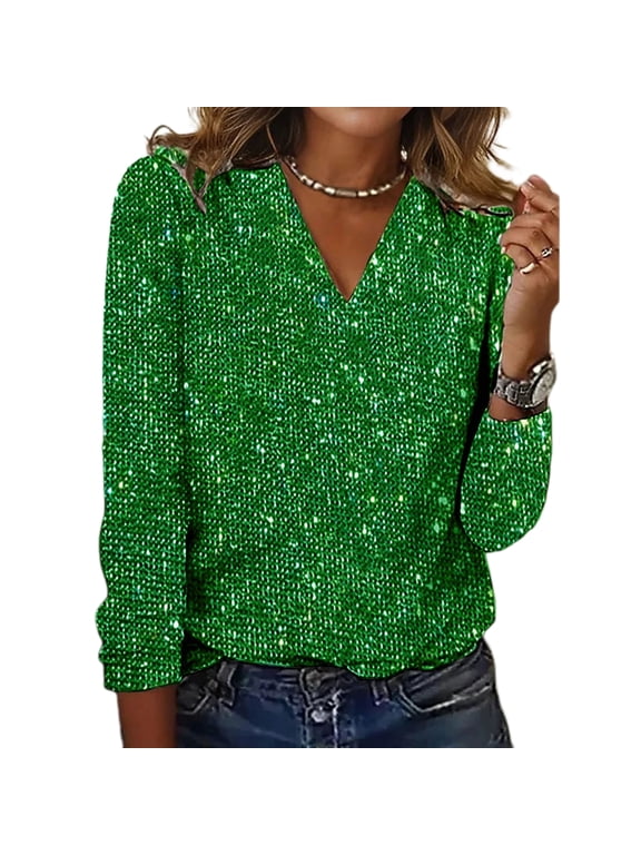 Women Top Shiny Sequin V Neck Long Sleeve Loose Soft Pullover Pure Color Breathable Daily Commute Club Party Lady Blouse Shirt