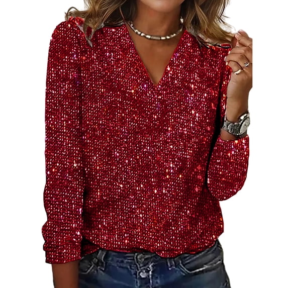Quixlent Women Top Shiny Sequin V Neck Long Sleeve Loose Soft Pullover Pure Color Breathable Daily Commute Club Party Lady Blouse Shirt