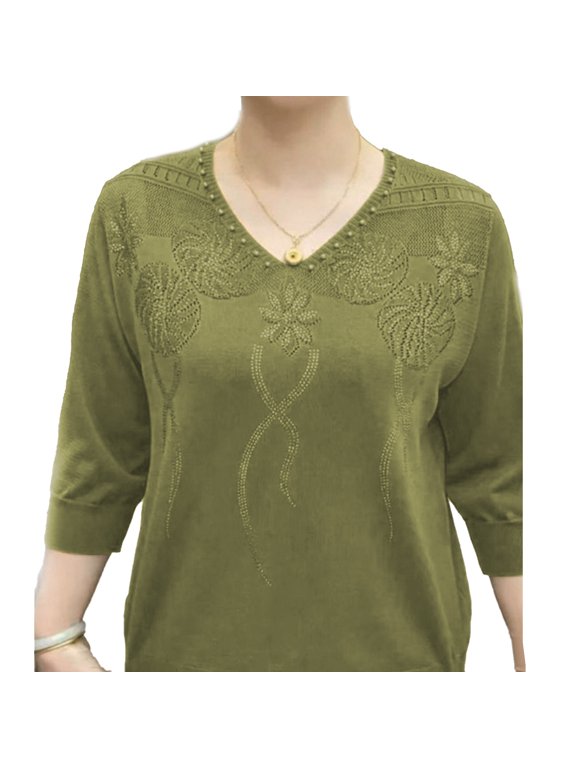 Women Top V Neck Three Quarter Sleeve Solid Color Flower Pattern Knitted Elastic Soft Casual Pullover Elastic Cuff Mid-aged Women Mother Blouse