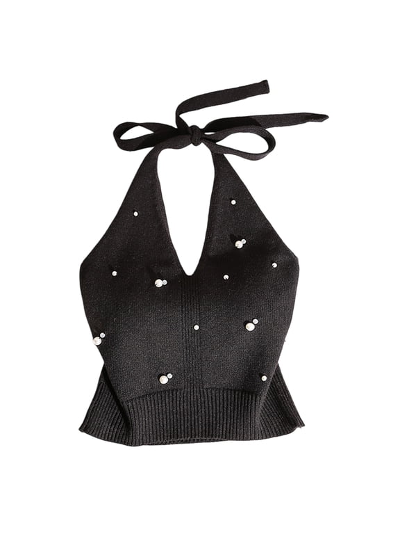 Women Tops Halter Neck Beaded Faux Pearls Camisole Soft Stretchy Loose Fit Solid Color Knitting Tops Work Party Wear